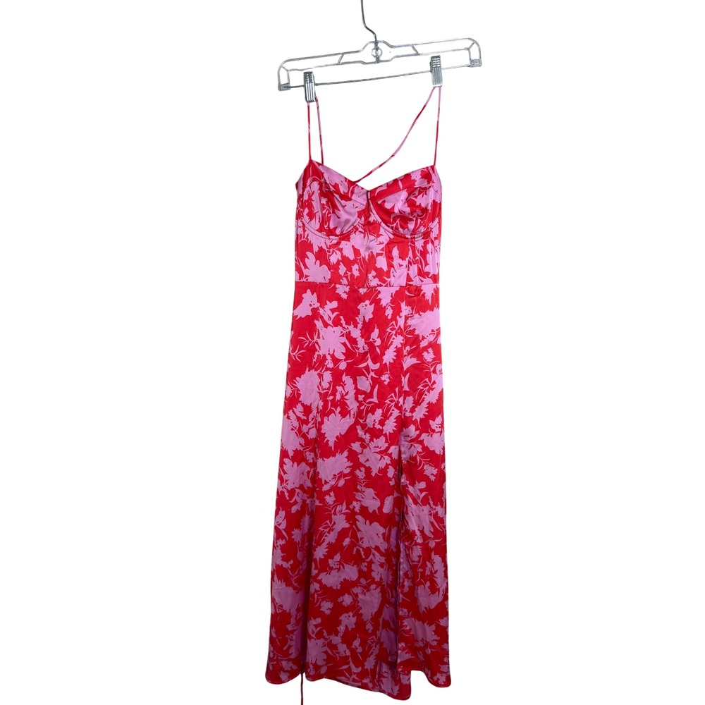 ASTR the Label Gaia Floral Midi Dress Red Pink Bustier Lace Up Back Size S